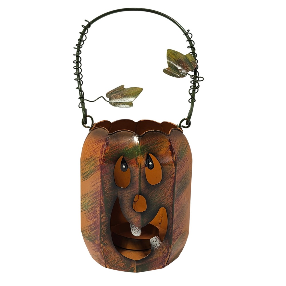Rustic Metal Jack-O-Lantern Pumpkin Halloween Tea Light Holder with Handle